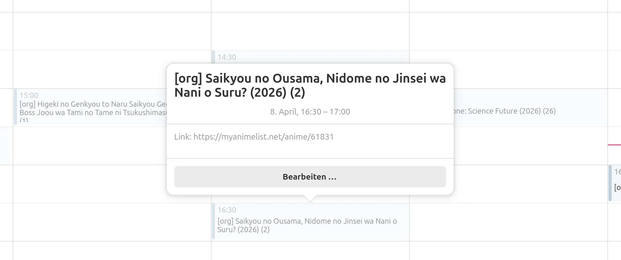 Calendar view showing entries from Anime-Calendar